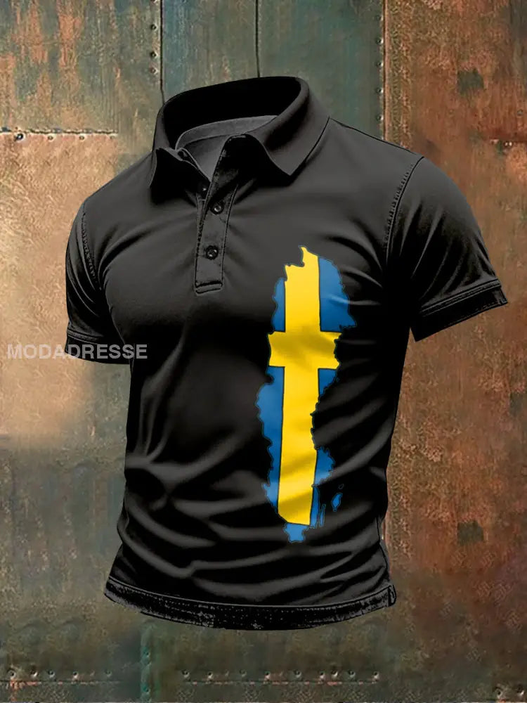 Retro Svenska flaggmönster Tryckt Casual Polo tröj som bild / S
