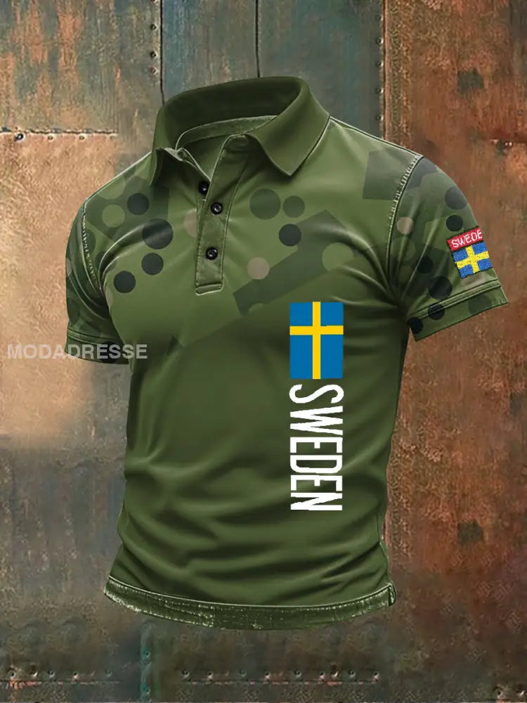Retro Svenska militärtema Print Casual Polo Skjorta som bild / S
