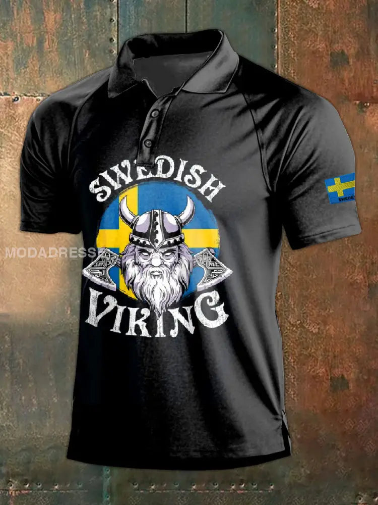 Retro Svenska Viking Print Casual Polo tröj som bild / M