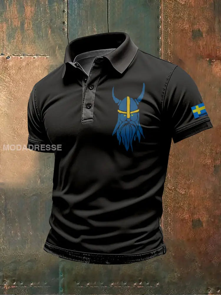 Retro Svenska Vikingtema Print Casual Polo Skjorta som bild / S