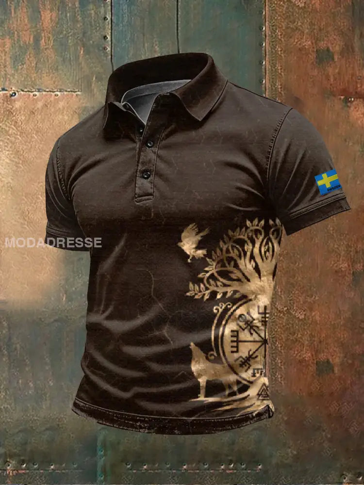 Retro Svenska Vikingtema Print Casual Polo Skjorta som bild / S