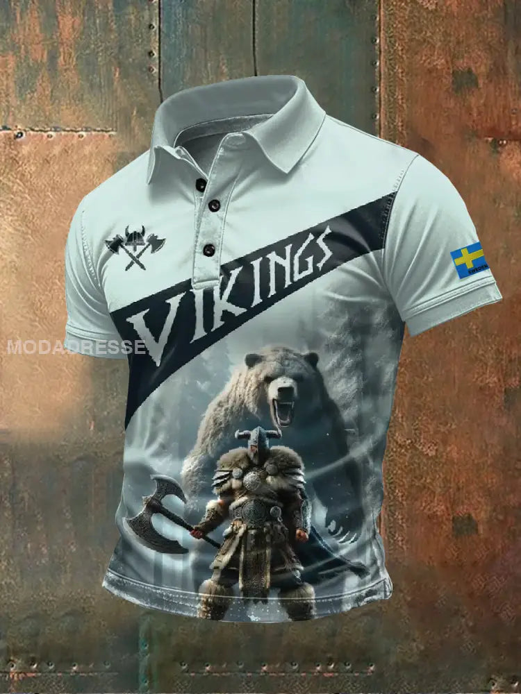 Retro Svenska Vikingtema Print Casual Polo Skjorta som bild / S