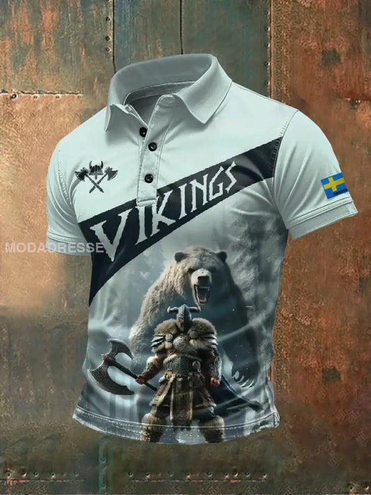 Retro Svenska Vikingtema Print Casual Polo Skjorta som bild / S