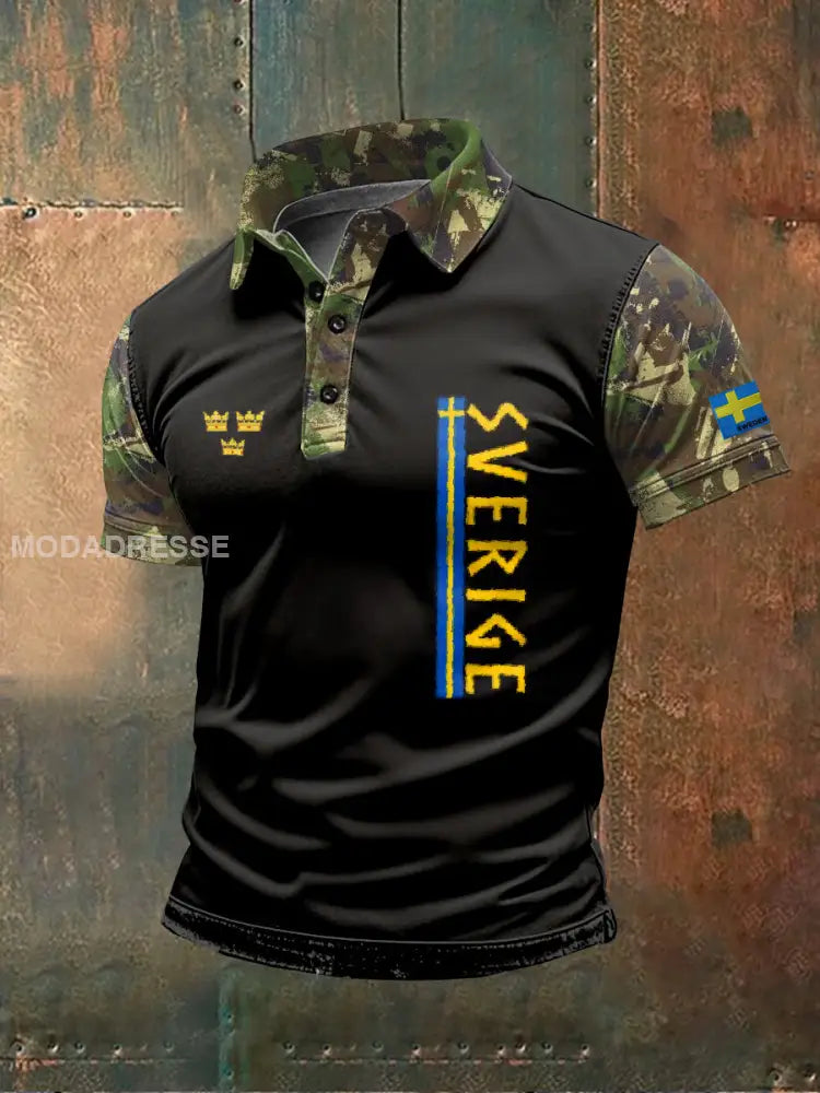 Retro Svenska Vikingtema Print Casual Polo Skjorta som bild / S