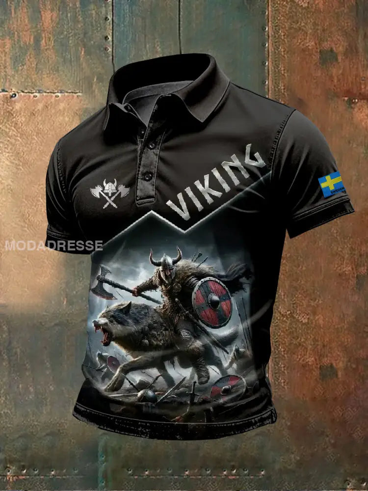 Retro Svenska Vikingtema Print Casual Polo Skjorta som bild / S