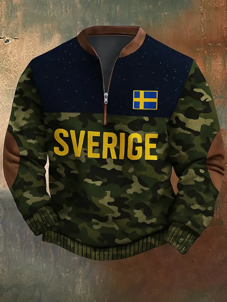 Retro Sverige Flag Camo tryckt VintageTextur V-Hack stand krage blixtlåslå lång ärm sväp A / S