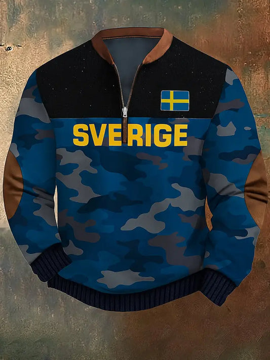 Retro Sverige Flag Camo tryckt VintageTextur V-Hack stand krage blixtlåslå lång ärm sväp A / S