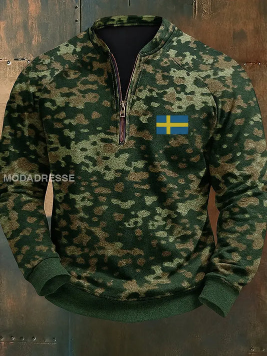 Retro Sverige Flag Camo tryckt VintageTextur V-Hack stand krage blixtlåslå lång ärm sväp A / S