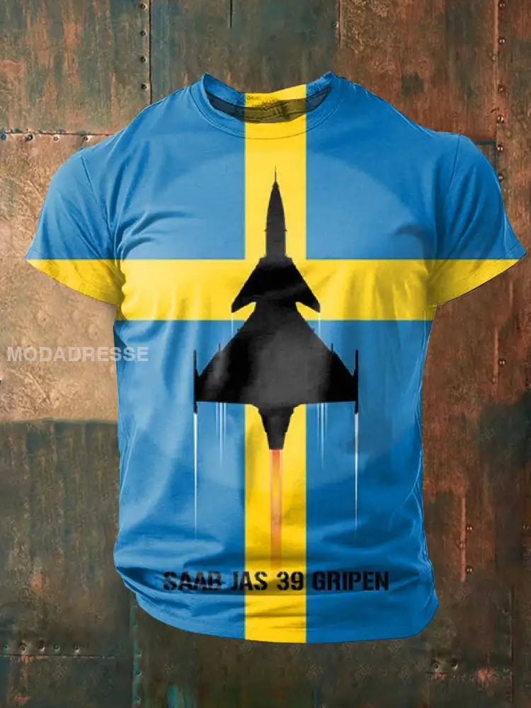 Retro Swedish Fighter Print Casual T-shirt för män som bild / S