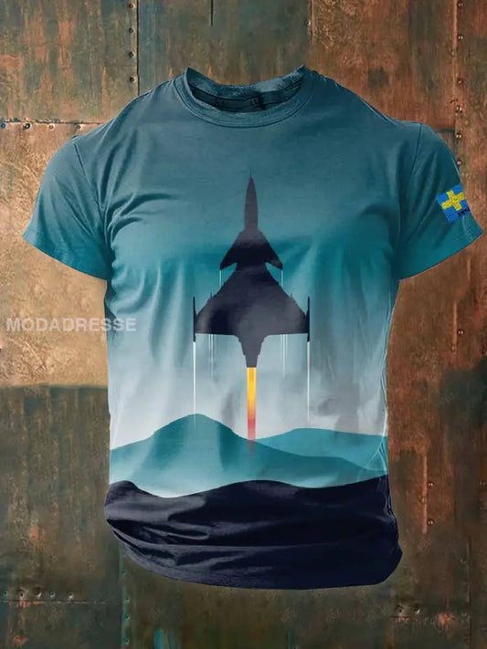 Retro Swedish Fighter Print Casual T-shirt För Män som bild / S