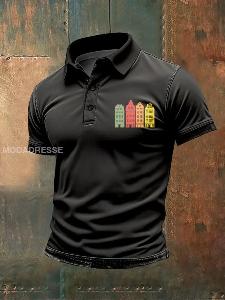 Retro Swedish Red House Mönster Tryckt Casual Polo tröj som bild / S