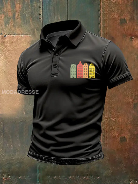 Retro Swedish Red House Mönster Tryckt Casual Polo tröj som bild / S