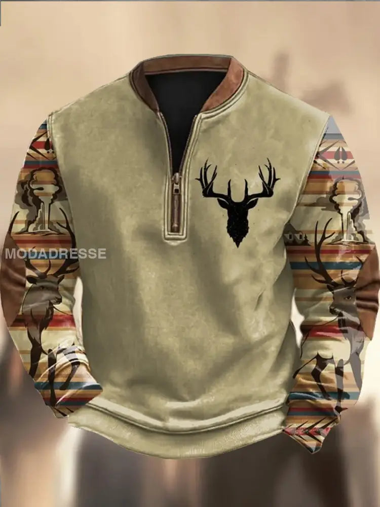 Retro tekstur Cowboy mønster trykt Western Vintage zipper V-hals utendørs tykk sweatshirt A / S