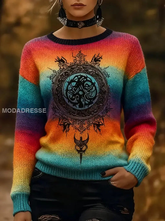 Retro Viking keltiska knop Runor Gradient Multicolor Print Långa ärmar tröjar flerlog / S