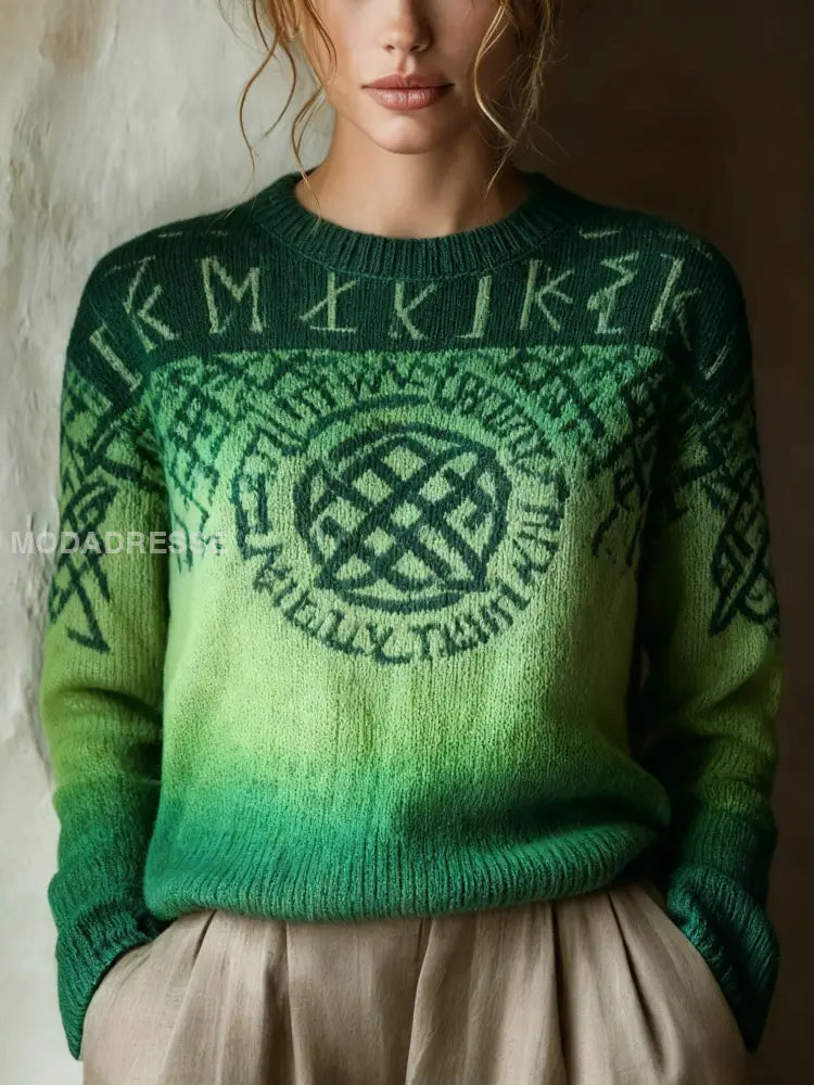 Retro Viking keltiska knop Runor Gradient Skriv ut långärms tröjar grönt / S
