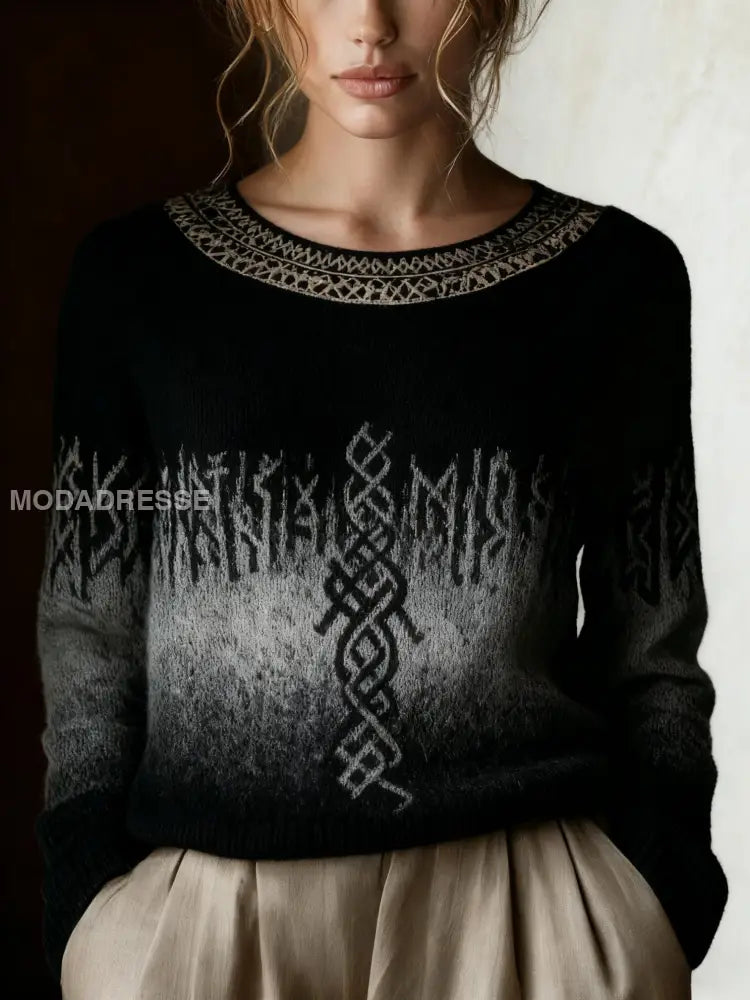 Retro Viking keltiska knop Runor Gradient Skriv ut långärms tröjar svart / S