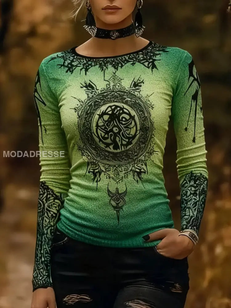 Retro Viking keltiska knop Runor Gradient Skriv ut T-shirt med långärm grönt / S