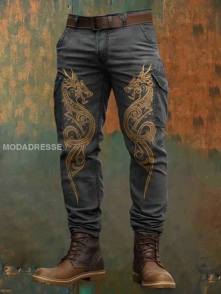 Retro Viking konstnärliga tryckt textur Logo Pocket Casual Cargo Byxor A / S
