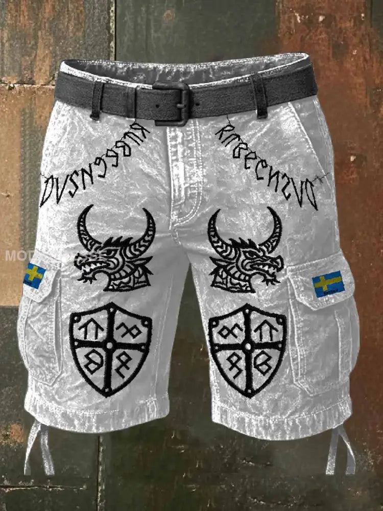 Retro Viking Print Casual Cargo Shorts För Män som bild / S
