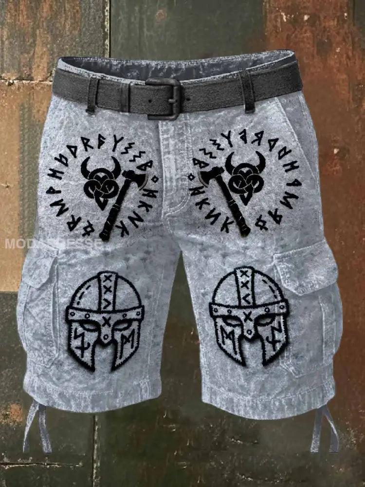 Retro Viking Print Casual Cargo Shorts För Män som bild / S