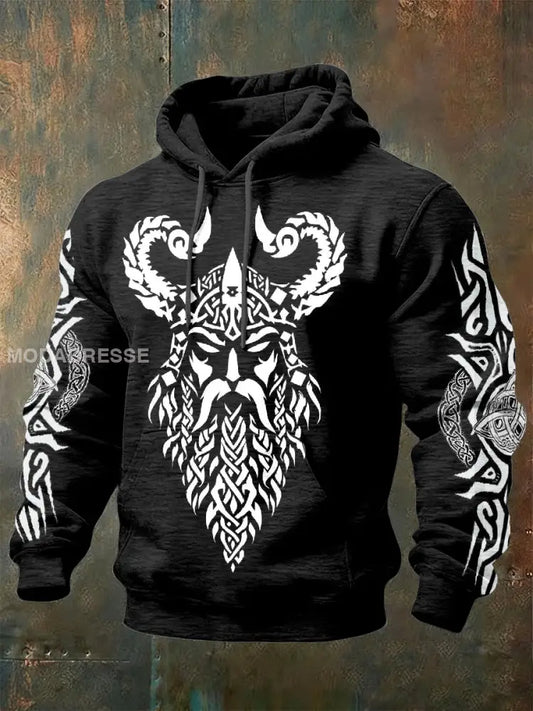Retro Viking Print Casual Hooded Sweatshirt som bild / S