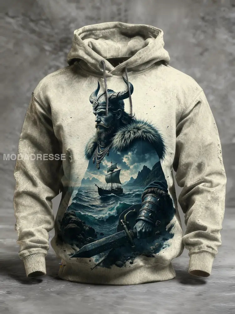 Retro Viking Print Casual Hooded Sweatshirt som bild / S