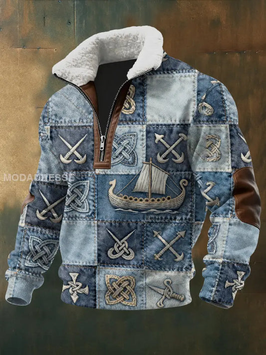 Retro Viking Print Casual Långa ärmad As picture / S