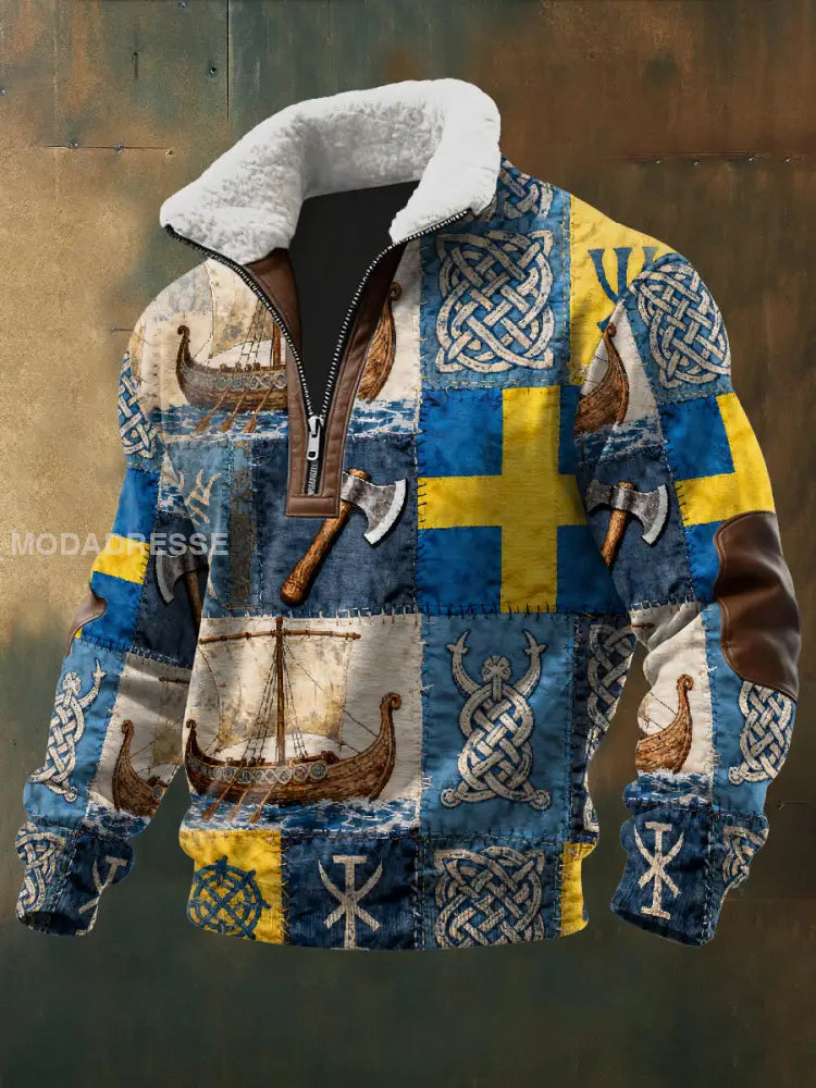 Retro Viking Print Casual Långa ärmad As picture / S