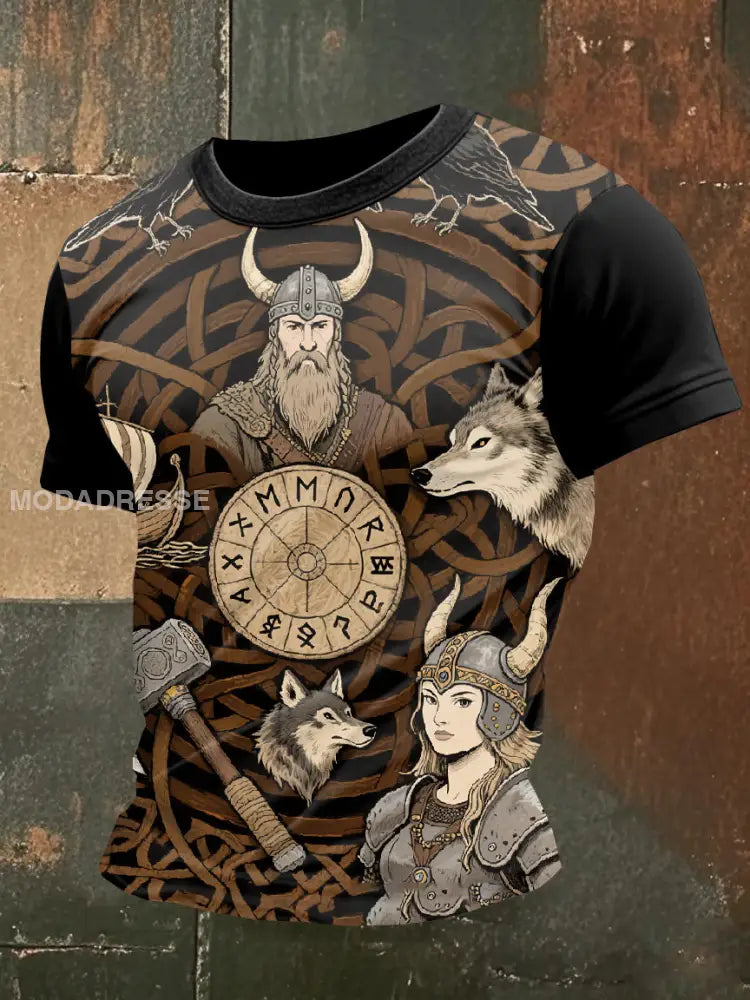 Retro Viking Print Casual T-shirt För Män som bild / S