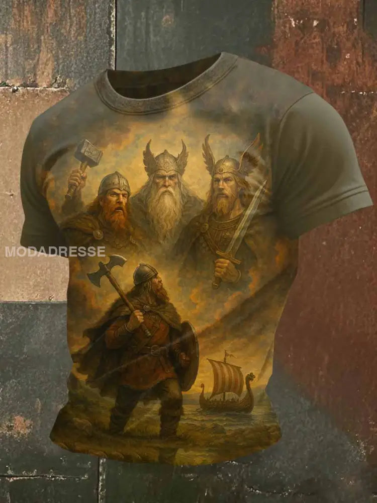 Retro Viking Print Casual T-shirt För Män som bild / S