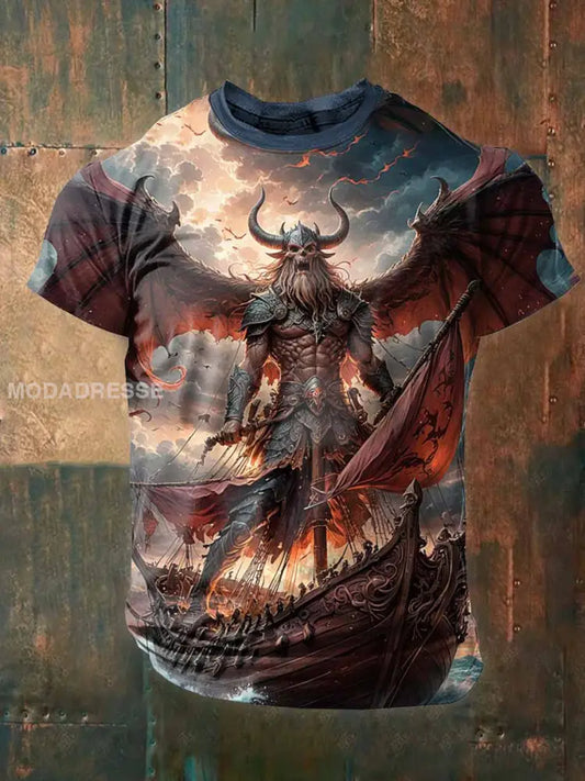 Retro Viking Print Casual T-shirt För Män som bild / S