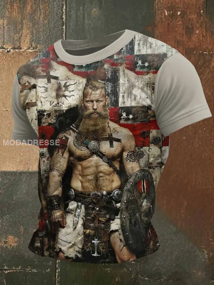 Retro Viking Print Casual T-shirt För Män som bild / S