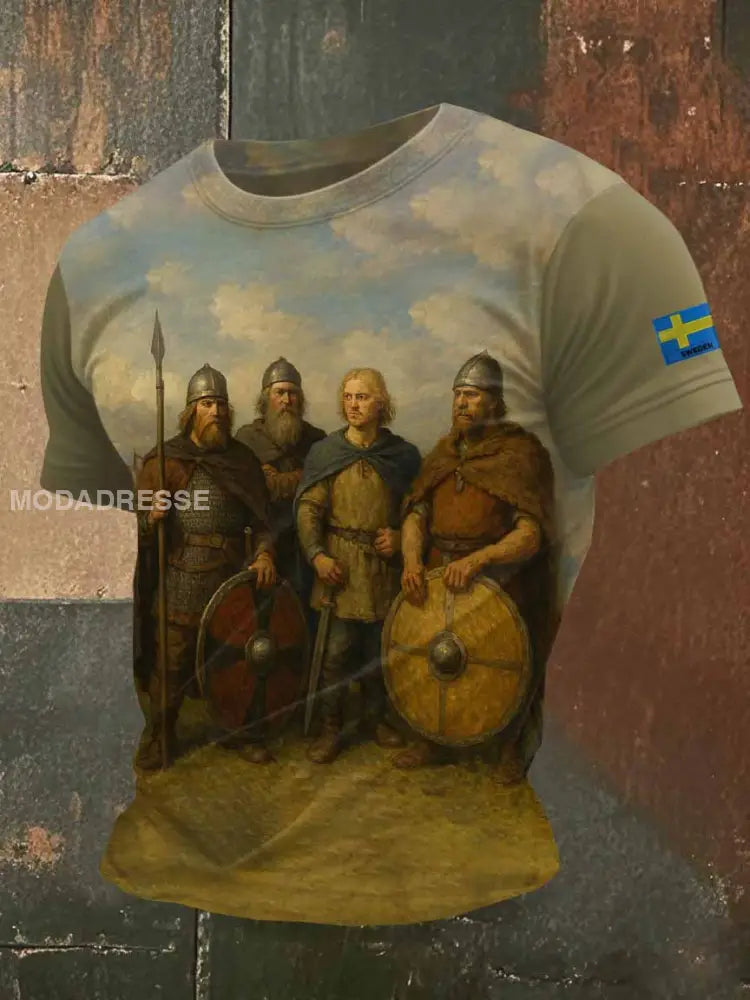 Retro Viking Print Casual T-shirt För Män som bild / S