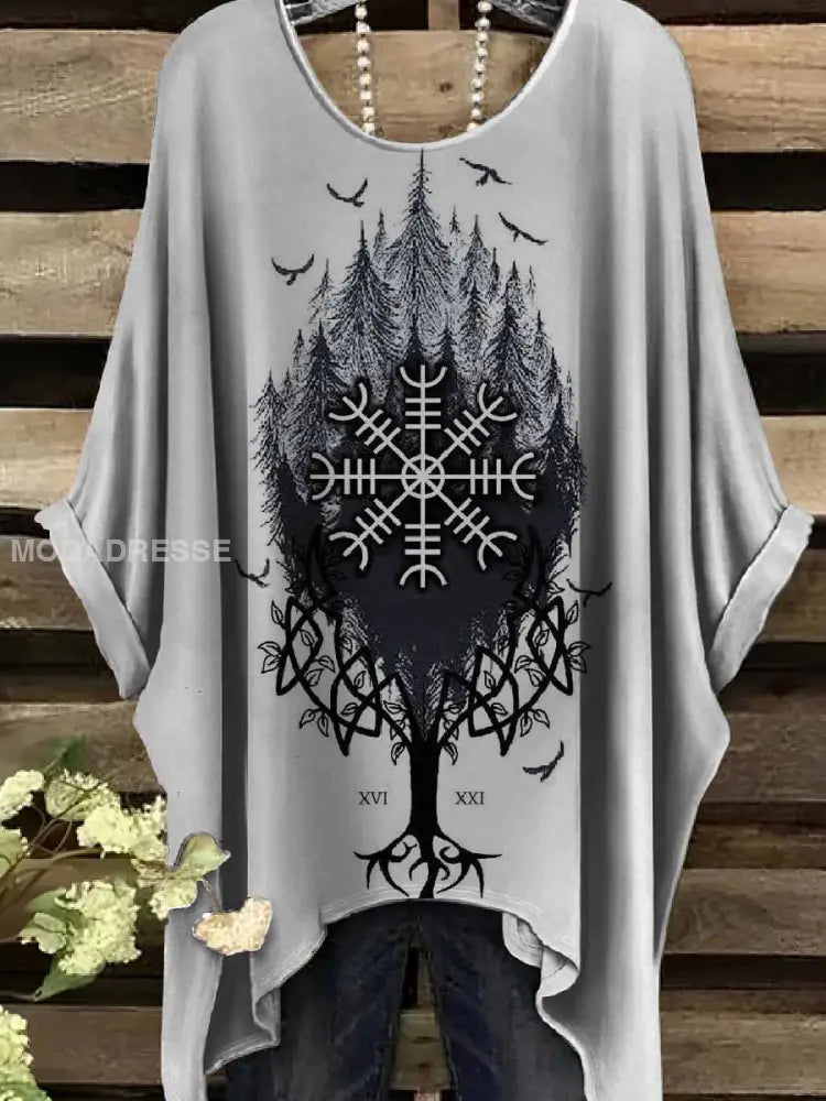 Retro Viking Print Casual Topp För Kvinnor. som bild / S