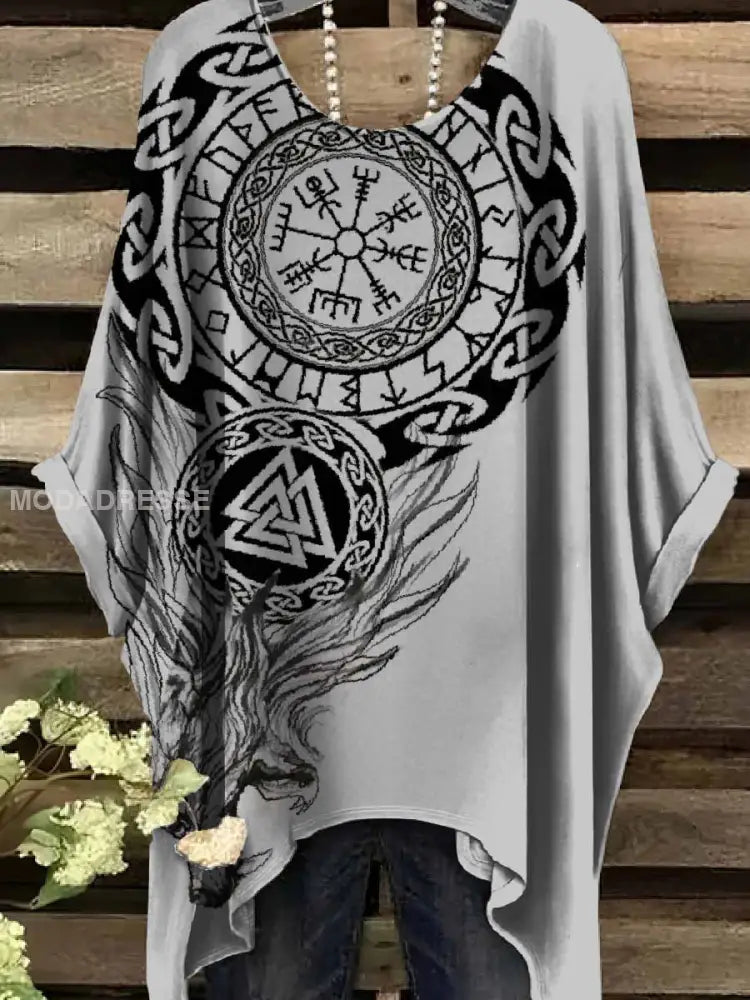 Retro Viking Print Casual Topp För Kvinnor. som bild / S