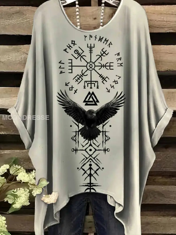 Retro Viking Print Casual Topp För Kvinnor. som bild / S