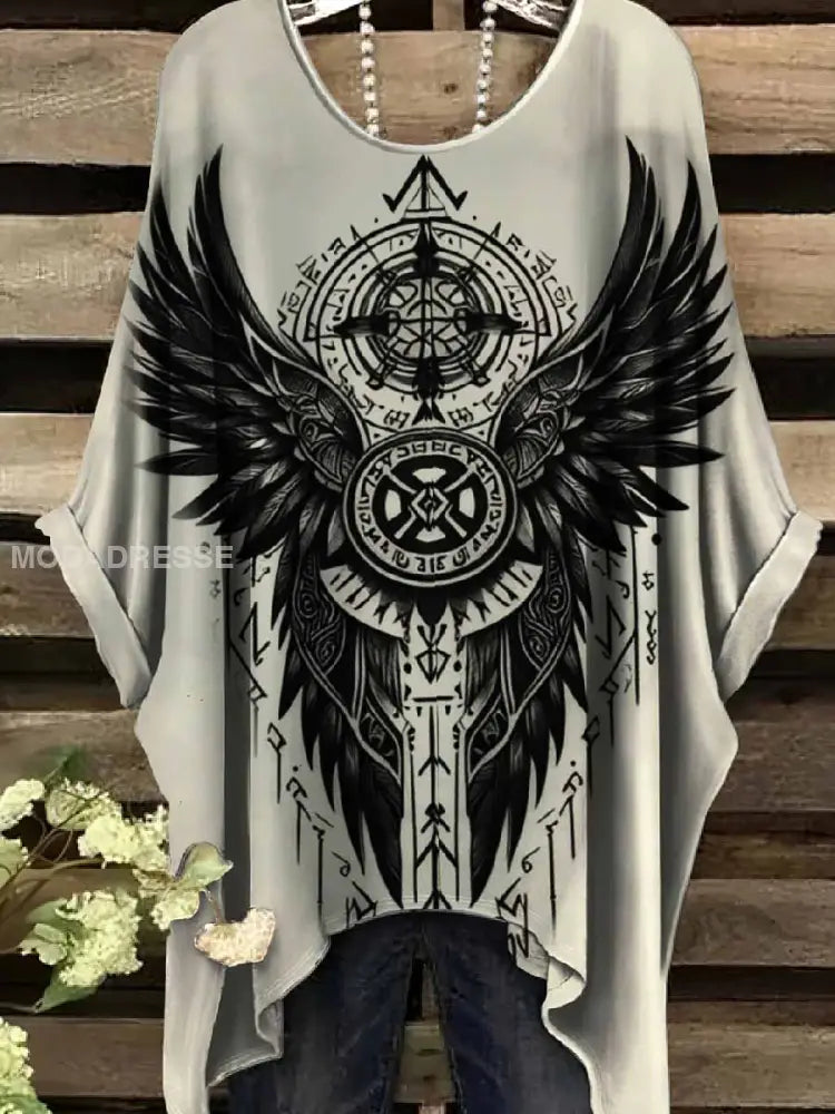 Retro Viking Print Casual Topp För Kvinnor. som bild / S