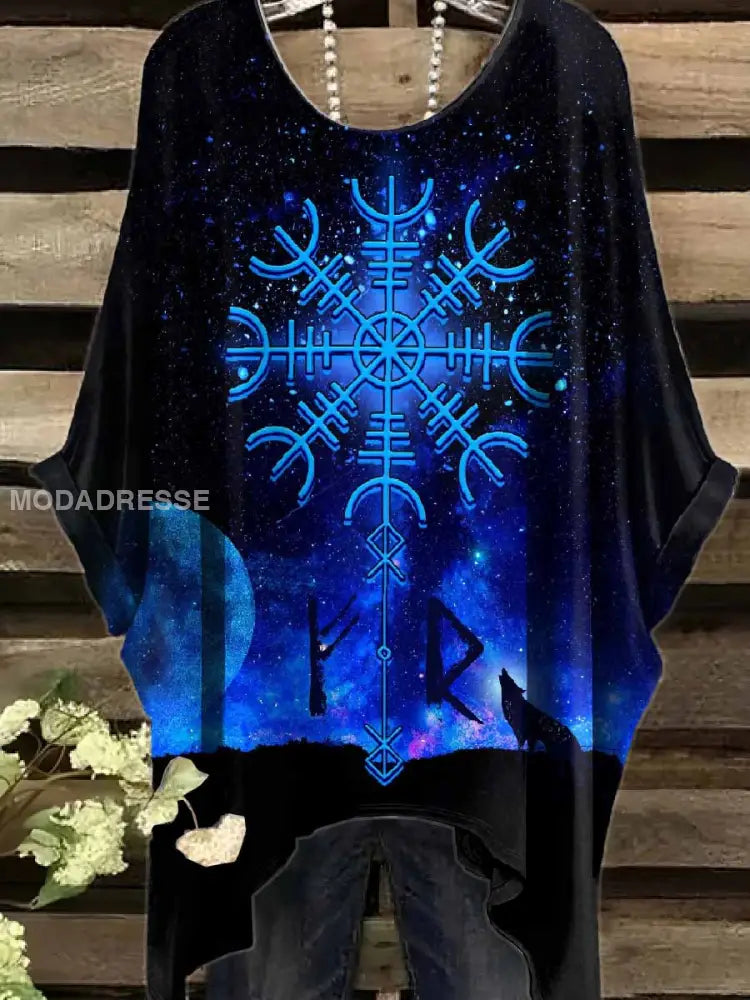 Retro Viking Print Casual Topp För Kvinnor. som bild / S