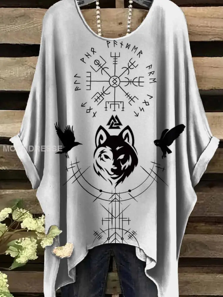 Retro Viking Print Casual Topp För Kvinnor. som bild / S