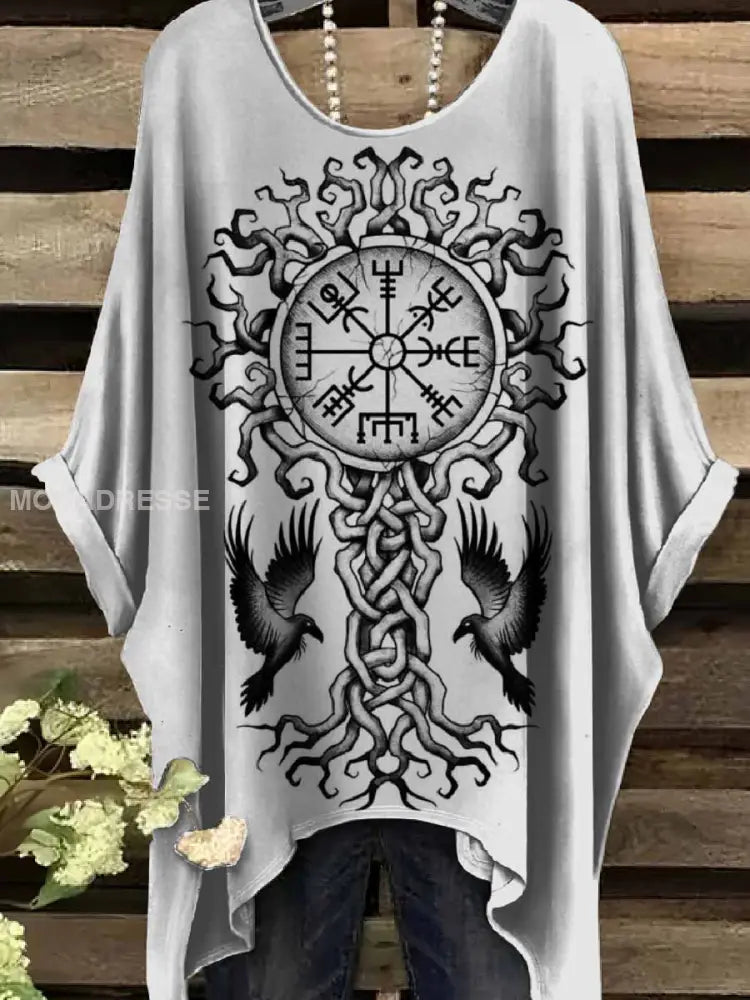Retro Viking Print Casual Topp För Kvinnor. som bild / S