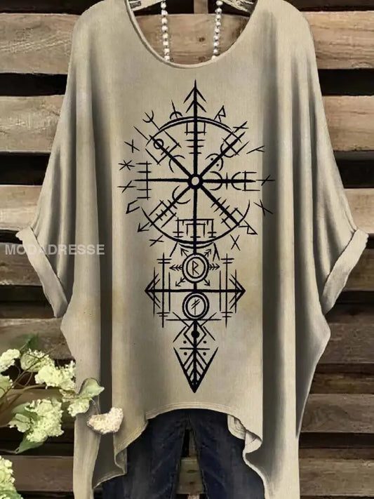 Retro Viking Print Casual Topp För Kvinnor. som bild / S