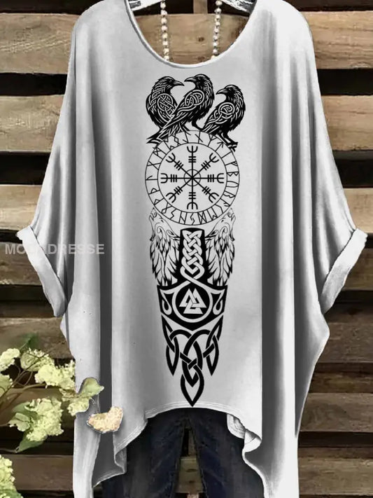 Retro Viking Print Casual Topp För Kvinnor. som bild / S
