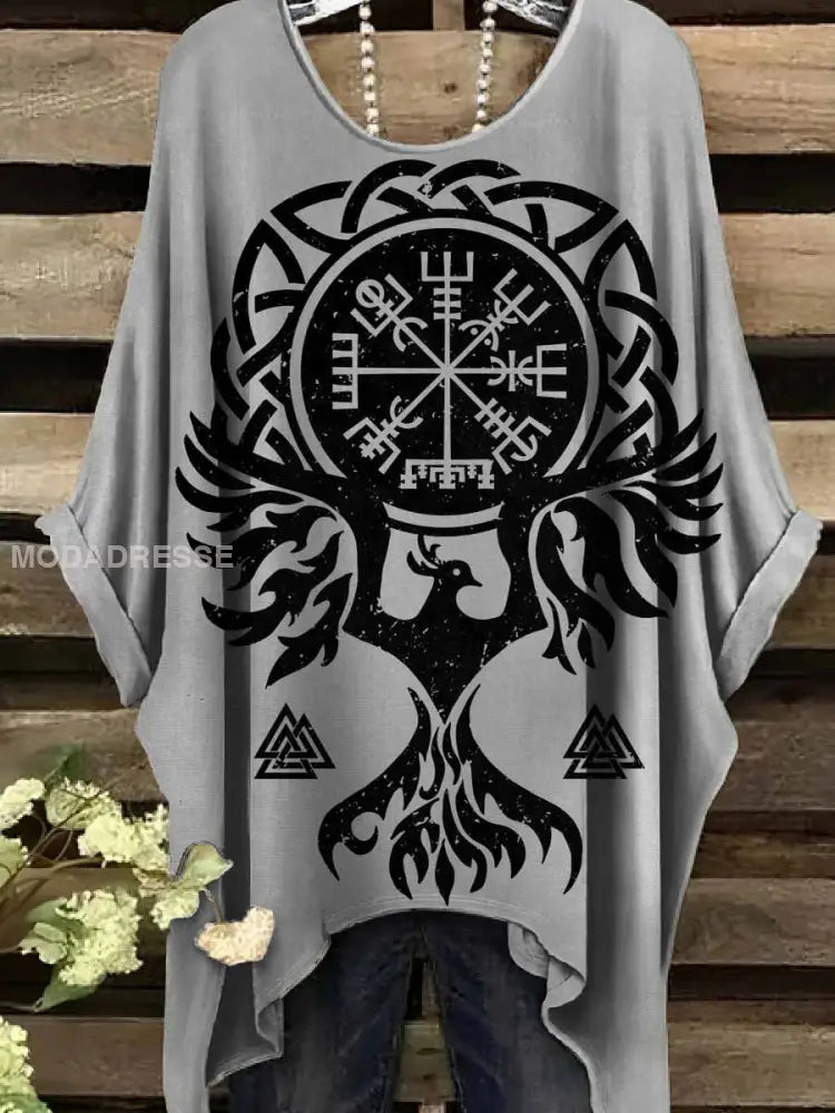 Retro Viking Print Casual Topp För Kvinnor. som bild / S