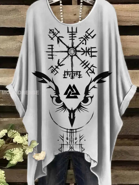 Retro Viking Print Casual Topp För Kvinnor. som bild / S