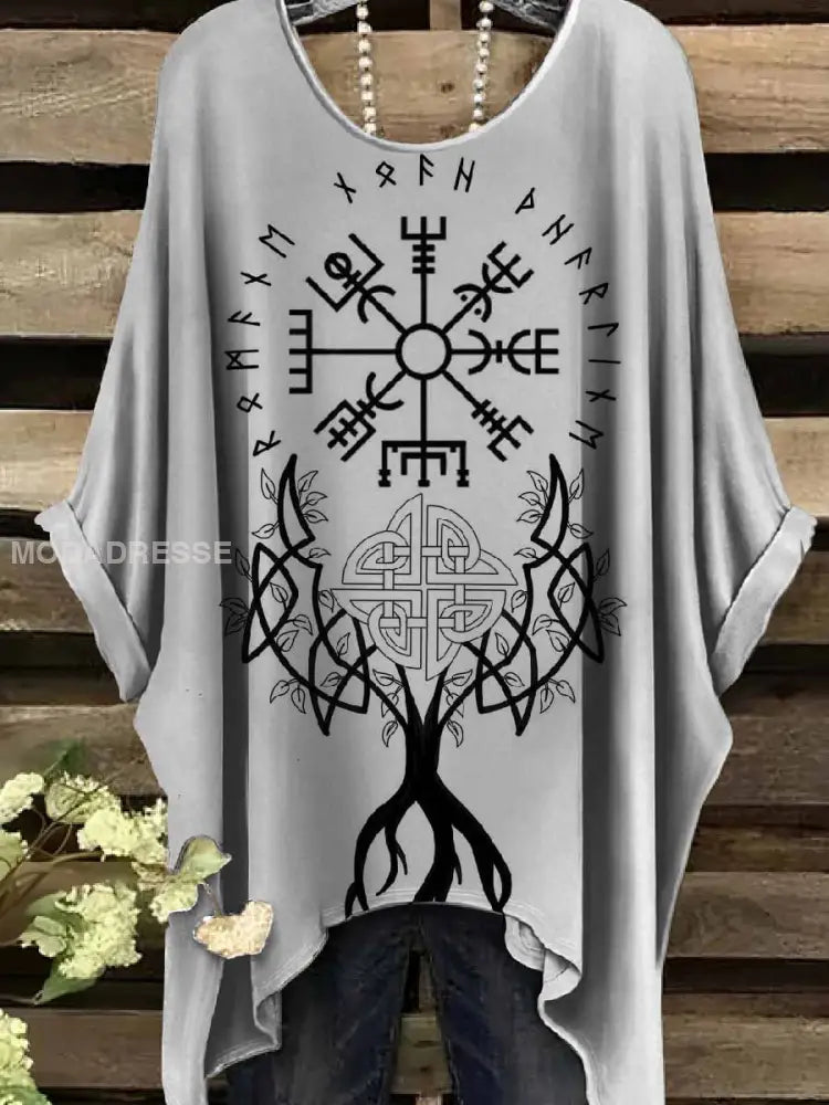 Retro Viking Print Casual Topp För Kvinnor. som bild / S
