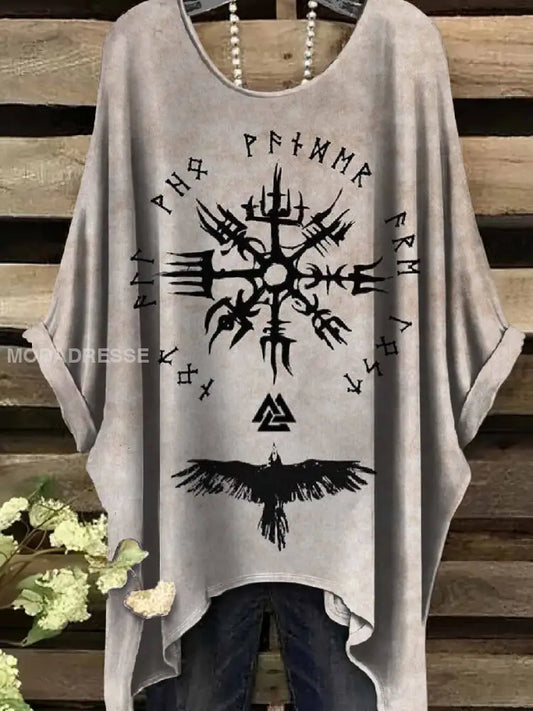 Retro Viking Print Casual Topp För Kvinnor. som bild / S
