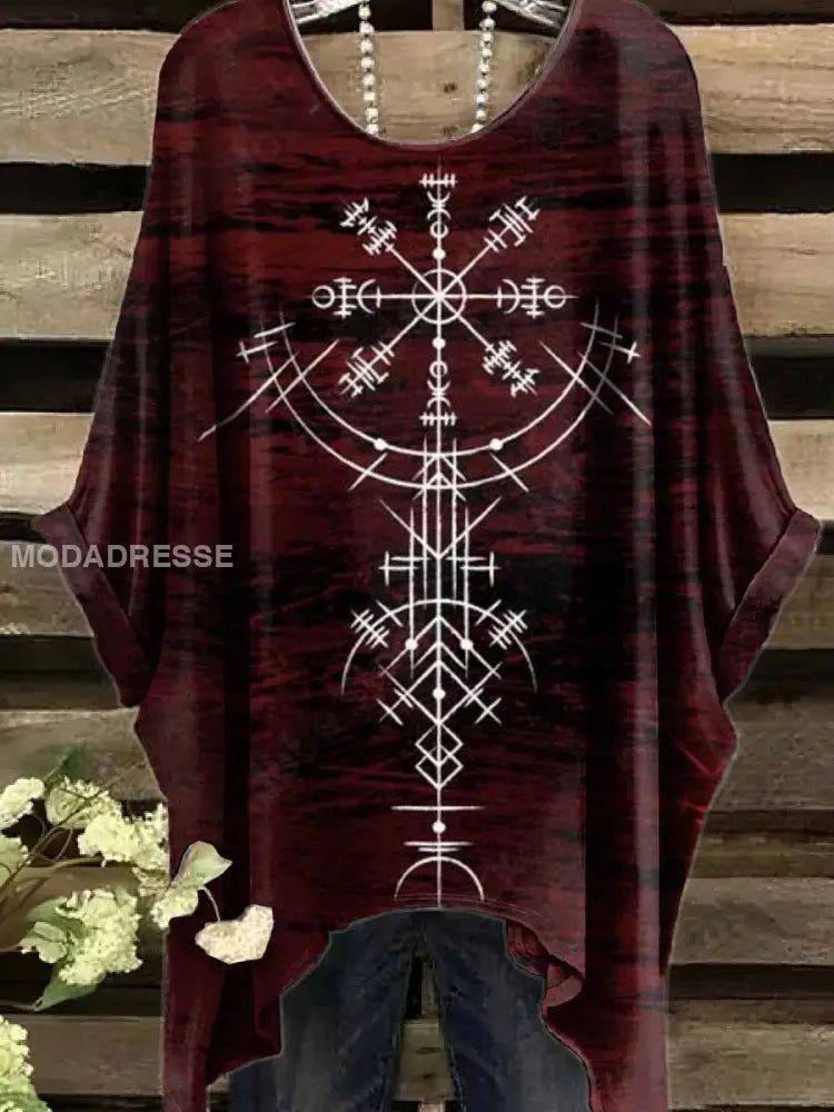 Retro Viking Print Casual Topp För Kvinnor. som bild / S