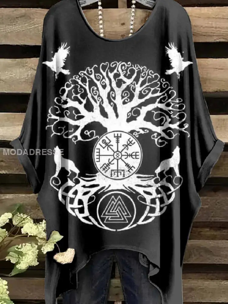 Retro Viking Print Casual Topp För Kvinnor. som bild / S