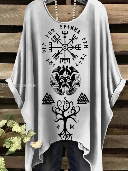 Retro Viking Print Casual Topp För Kvinnor. som bild / S
