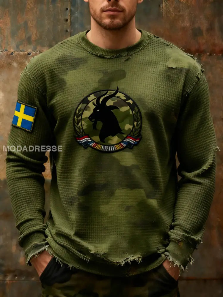 Retro Viking Svenska Camo Veteran Våffelväv Långärm T-shirt grönt / S